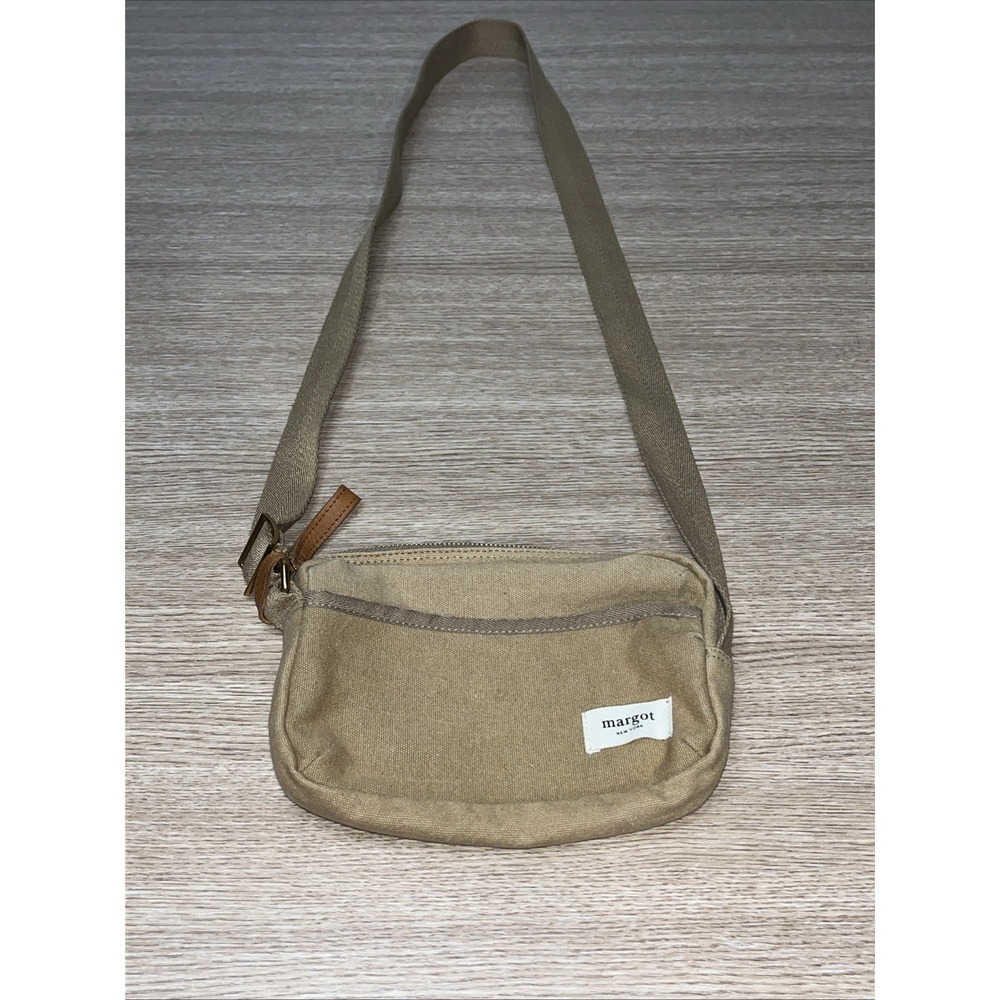 Margot New York Tan Canvas Crossbody Bag with Zipper Accents Adjustable Strap
